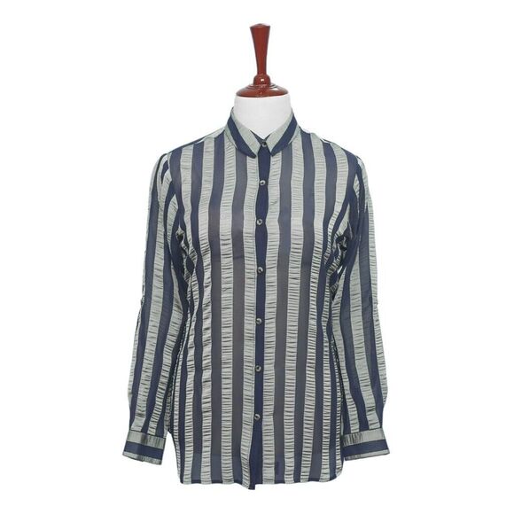 Womens Silky Shirt Button Up Blue Gray Striped Chiffon Dress Casual Party Medium - Picture 1 of 7